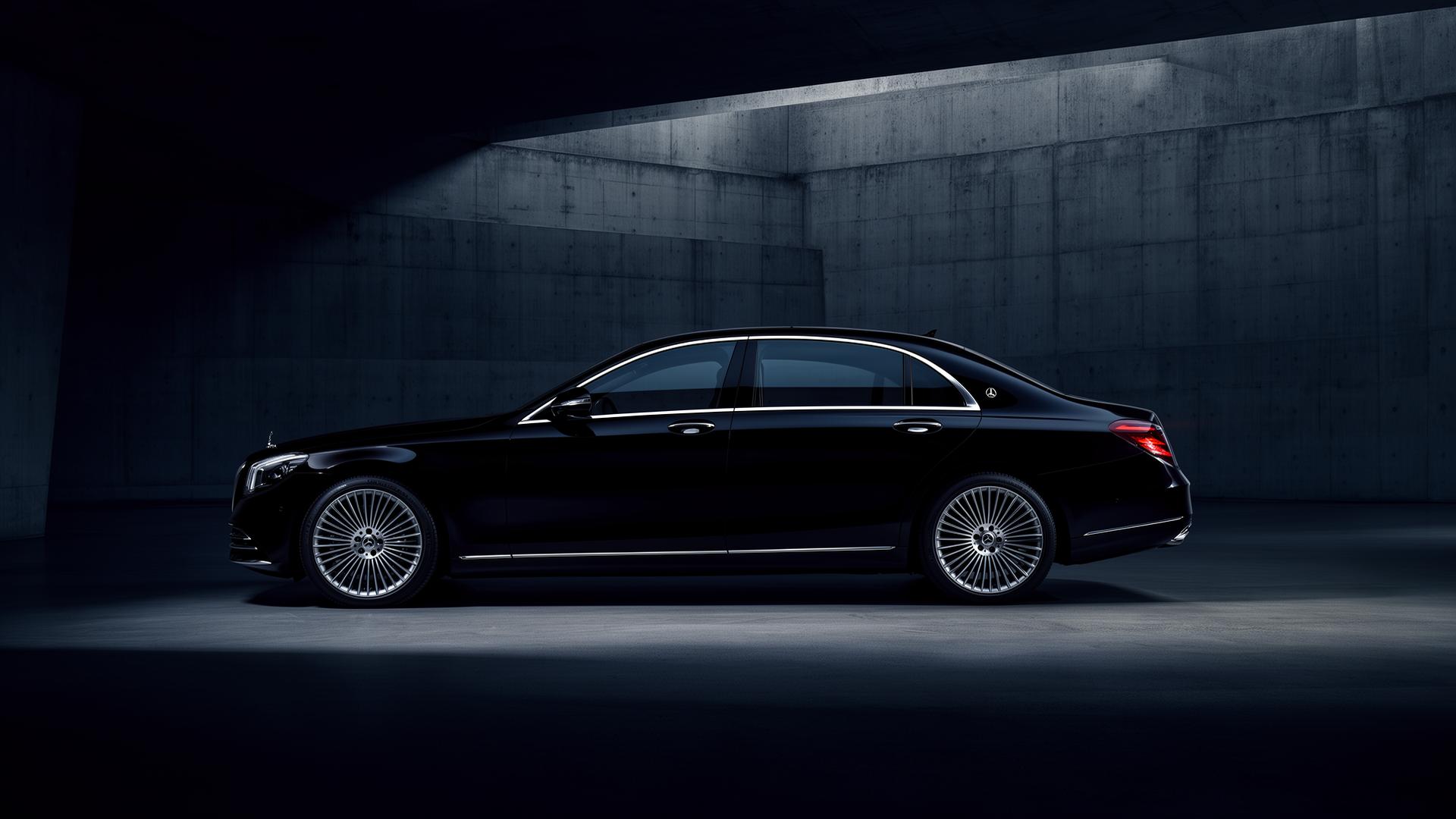 Premium luxury sedan in dark concrete architecture